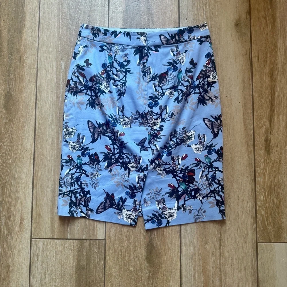 J. Crew Blue Floral Bird Butterfly Pencil Skirt